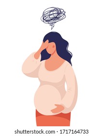 Concept illustration, a pregnant woman feels bad, worries, doubts the future, single mother. Difficulty during pregnancy. Flat vector illustration