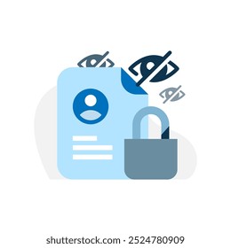 Concept Illustration of Privacy Security. Features a crossed out eye icon, a document containing personal data, and a padlock, symbolizing data protection and privacy measures
