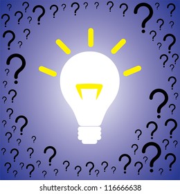 Concept illustration of problem solution. The graphic contains many question marks indicating problems being displaced by brightly lit bulb indicating solution or idea