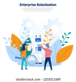 Concept illustration production robotization, technical revolution, scientific progress, programming, online settings, training, artificial intelligence. Color flat vector design