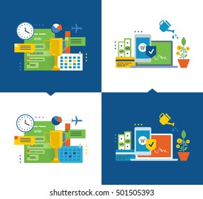 Concept of illustration - project management and management efficiency, control, protection of investments and payments. Way to success. Vector illustrations are shown on a light and dark background.