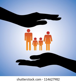 Concept illustration of protecting family of four(parents and two children). The graphic includes silhouettes of female's hand along with figures of dad, mom, son and daughter