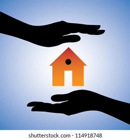 Concept illustration of protection of house/home. This can represent concept of home insurance or installing security system for safety etc. The graphic contains two female hands and a house symbol.