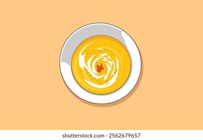 Concept illustration of pumpkin or carrot soup menu (first course, delicious vegetable vitamin food).food. Top view.