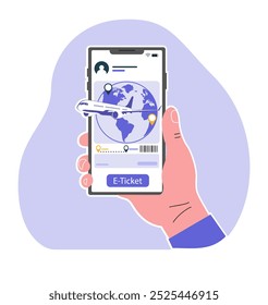 Concept illustration of purchasing electronic airline tickets using a smartphone. Vector illustration.