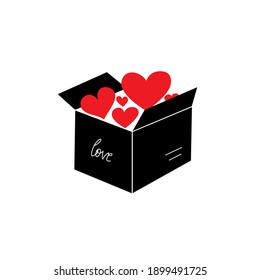 Concept illustration with red hearts in box. Love, support, help, donate. Vector art.