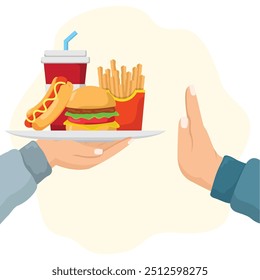 Ilustración de concepto de negarse a comer comida rápida, Ilustración vectorial de estilo plano.