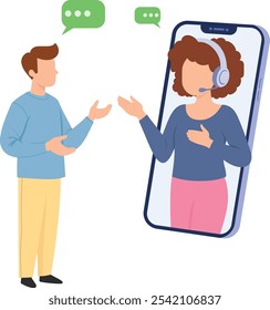 The concept of the illustration is a representation of customer service or online support.  It depicts a client communicating with a support agent via a video call or similar digital medium.