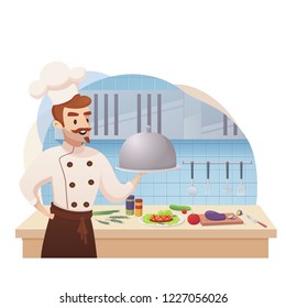 Concept illustration of the restaurant business. Vector illustration of a cartoon character chef cook holding a ready dish for issuing to a restaurant visitor against the background of their workplace