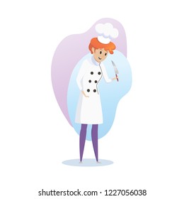Concept illustration of the restaurant business. Vector illustration of a cartoon character of a smiling young girl cook with a knife in her hand on a white background. Illustration of kitchen worker