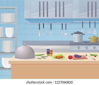 Concept illustration of the restaurant business. Vector illustration of a cartoon kitchen workspace of a restaurant kitchen. Table with ingredients for cooking me restaurant visitors