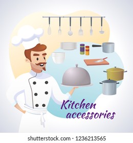 Concept illustration of the restaurant business. Vector illustration of a cartoon kitchen work accessories and chef tools for working in the kitchen. Kitchen accessories chef's work tool