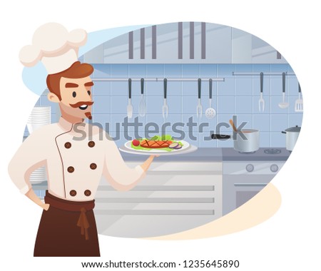 Concept illustration of the restaurant business. Vector illustration of a cartoon character shef cook holding a ready dish for issuing to a restaurant visitor against the background of their workplace