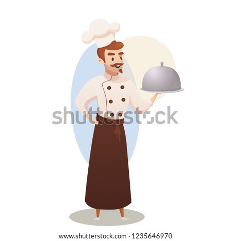 Concept illustration of the restaurant business. Vector illustration of a cartoon character shef cook holding a ready dish for issuing to a restaurant visitor in the isolated white background