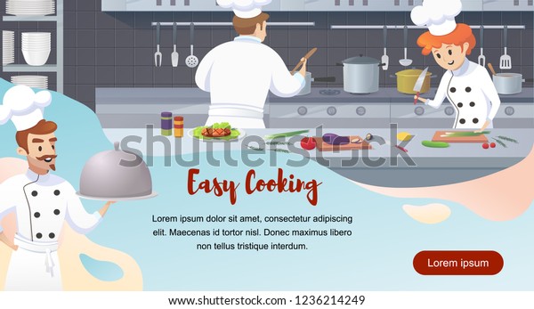 レストランビジネスのコンセプトイラスト 料理に従事するレストランの調理人やお盆を持つ漫画のキャラクターシェフのベクターバナーイラスト 簡単な料理 のベクター画像素材 ロイヤリティフリー