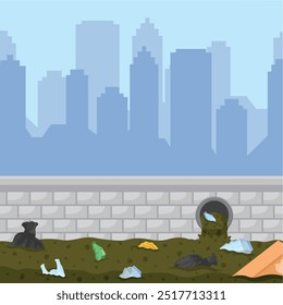 Ilustración conceptual de un río contaminado por basura o agua contaminada con una silueta urbana, Ilustración vectorial de estilo plano.