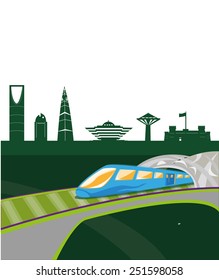 Concept illustration of Riyadh, the capital city of Kingdom of Saudi Arabia with landmarks and a new transportation system which runs mostly underground interconnecting stations within the capital.