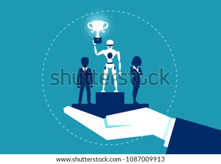 Concept illustration with robot having first place being better then human in competition. 