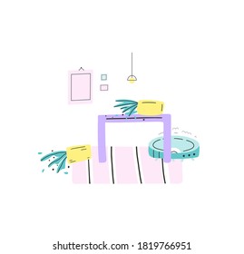 Concept illustration of robot vacuum cleaner slammed into the table. House plants fell, mess damage. Trouble with smart gadgets. Vector flat hand drawn style.  