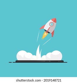 Ilustración conceptual del lanzamiento de un cohete desde un teléfono. Concepto de negocio de ilustración vectorial.
