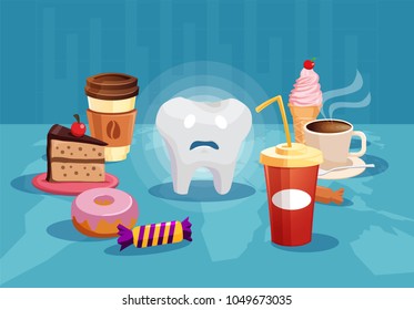 Concept illustration with sad tooth among sweet and bad food having danger of cavity. 