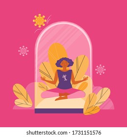 Concept illustration of safe social distance, quarantine and virus protection. Young woman is doing yoga and sitting in the Lotus position. Girl inside a glass dome. Health protection. Flat vector