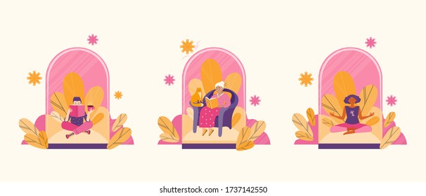 Concept illustration of safe social distance and virus protection. Spend time in quarantine reading books and practicing meditation. People inside the glass dome. Health protection. Flat vector
