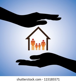 Concept illustration of safety of house and family. The graphic contains symbols of home/residence and parents/children covered by female hand silhouettes. This can represent concepts like insurance