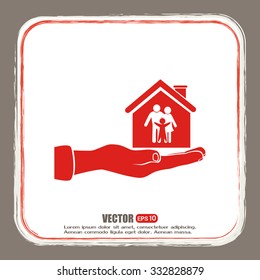 Concept illustration of safety of house and family. Family house in hand.Vector icon.