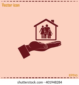 Concept illustration of safety of house and family. Family house
