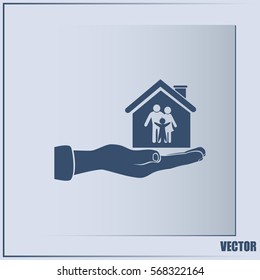 Concept illustration of safety of house and family. Family house in hand.Vector icon.