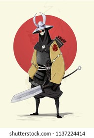 Concept illustration of samurai with red sun on background. Vector