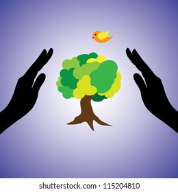 Concept illustration of saving the nature and environment. This graphic uses female hand silhouettes, a tree & bird. This can represent the concept of conserving ecology, saving nature from pollution