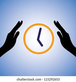 Concept illustration of saving/conserving time. The graphic contains female hands silhouette and watch/clock showing time. This can represent concept like being efficient, saving time, doing work fast