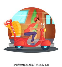 Concept illustration of scooter courier delivering pizza. Pizza deliveryman rides on the street on a bike.