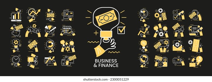 Concept illustration set. Collection of business and finance scenes and situations. Human hands with icons and images. Financial analysis concept, business and marketing, work with data and financial