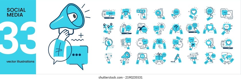 Concept illustration set. Collection of different social media scenes and situations. Human hands with icons and images. Social network, digital marketing, online communication, internet services.