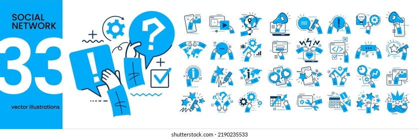 Conjunto de ilustraciones de concepto. Colección de diferentes escenas y situaciones de redes sociales. Manos humanas con íconos e imágenes. Red social, marketing digital, comunicación en línea, servicios de internet.