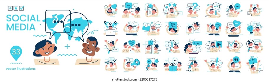 Concept illustration set. Collection of different social media scenes and situations. Social network, digital marketing, online communication, internet services.