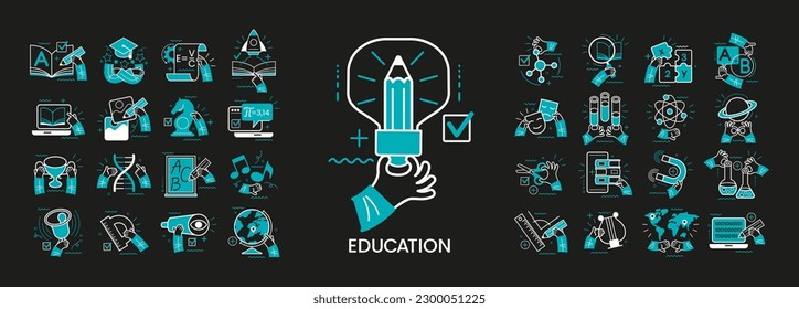 Concept illustration set. Collection of different education scenes and situations. Human hands with icons and images. Webinar, online teaching metaphors, remote education, digital school, 