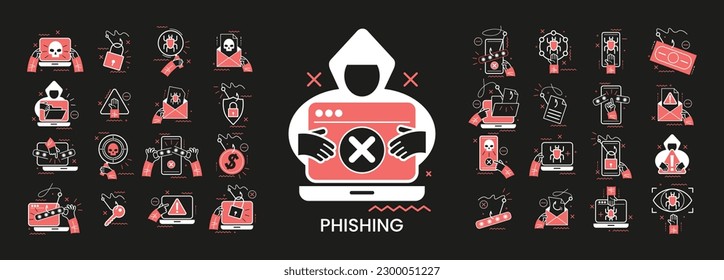 Concept illustration set. Collection of different phishing scenes and situations. Human hands with icons and images. Cyber crimes committed by hackers and hackers stealing personal data,