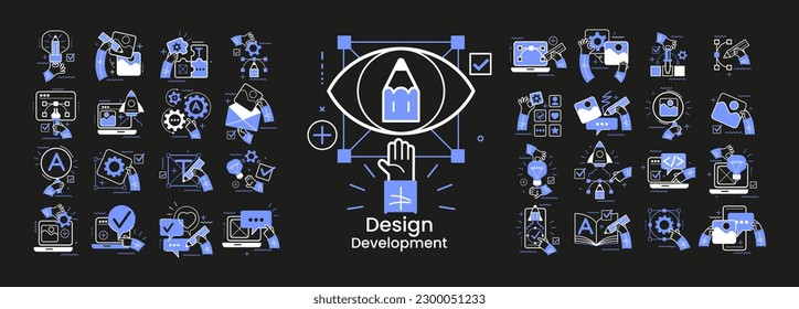 Concept illustration set. Collection of different design and development scenes and situations. Human hands with icons and images. Graphic and web design and development, social media