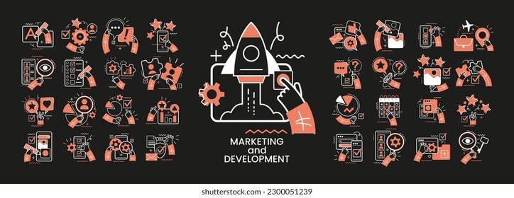 Concept illustration set. Collection of different development and marketing scenes and situations. Human hands with icons and images. Online business, development, marketing, 