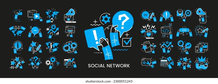 Concept Illustrationssatz. Kollektion von verschiedenen sozialen Netzwerken Szenen und Situationen. Menschliche Hände mit Symbolen und Bildern. Soziales Netzwerk, digitales Marketing, Online-Kommunikation, Internetdienste.