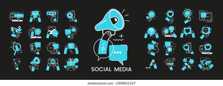 Concept illustration set. Collection of different social media scenes and situations. Human hands with icons and images. Social network, digital marketing, online communication, internet services.