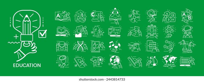 Concept illustration set. Collection of different education scenes and situations. Human hands with icons and images. Webinar, online teaching metaphors, remote education, digital school
