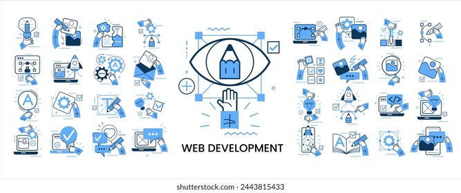 Concept illustration set. Collection of different design and development scenes and situations. Human hands with icons and images. Graphic and web design and development, social media