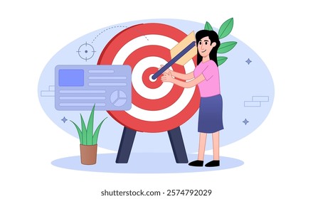 Concept illustration of setting goals in work, decision making arrow target, accomplishing mission, opportunity, success of marketing business.