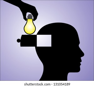 Concept Illustration of Sharing Idea or Solution or Innovation: A Hand Silhouette inserting a Bright yellow colored light bulb into a man's head