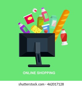 Concept illustration for Shop. Supermarket banner flat set with online purchase buying elements. Healthy eating and eco food
